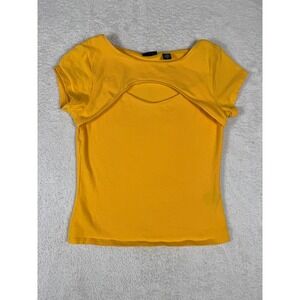 Q.U.E Cutout Keyhole Top Womens Small Yellow y2k Short Sleeve Stretch Tee USA